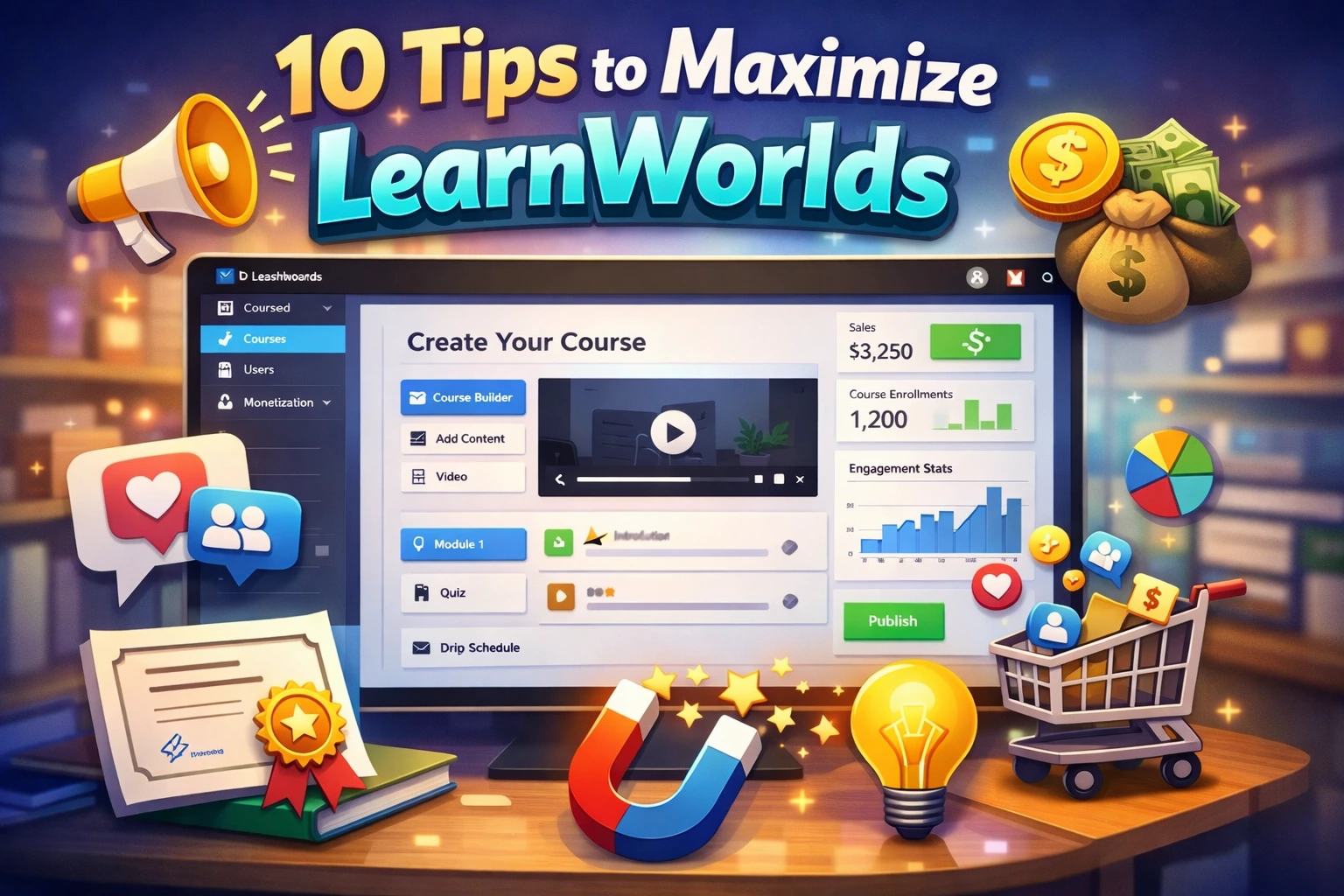 User maximizing LearnWorlds platform for online course creation