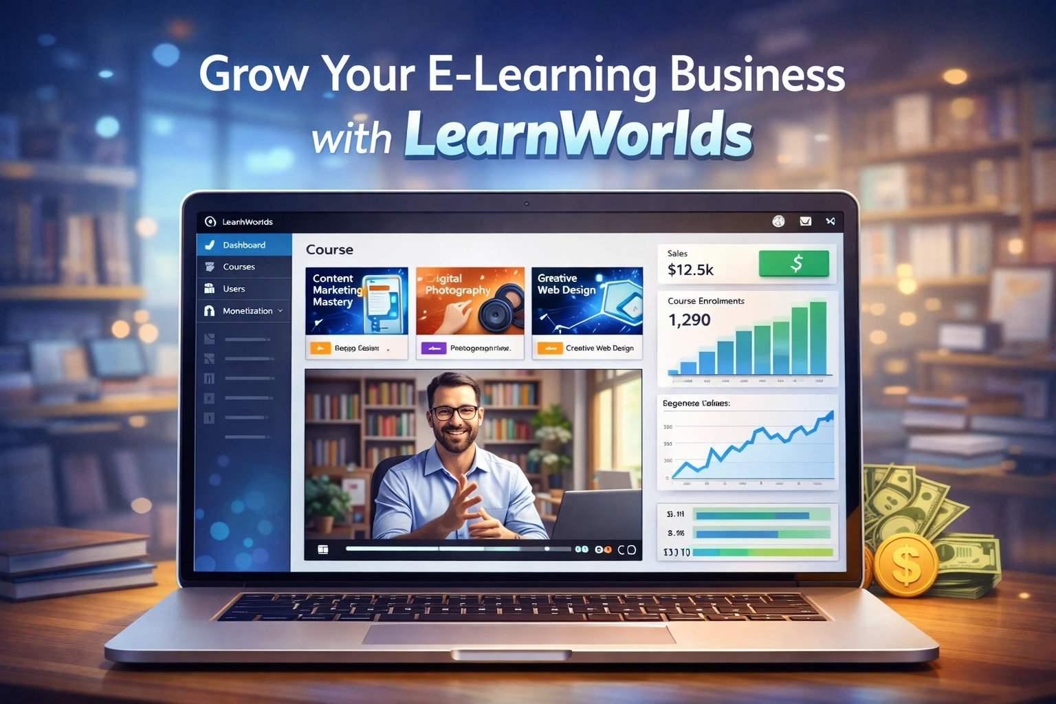 LearnWorlds online class platform dashboard for creating online courses
