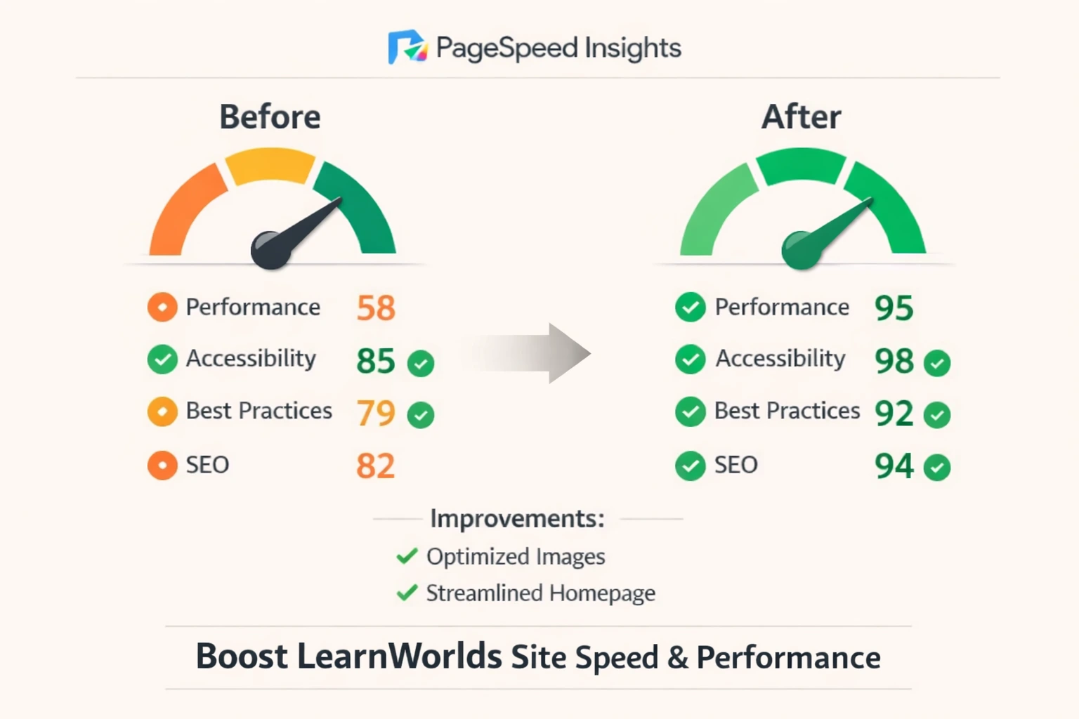 LearnWorlds website speed optimization results with faster performance