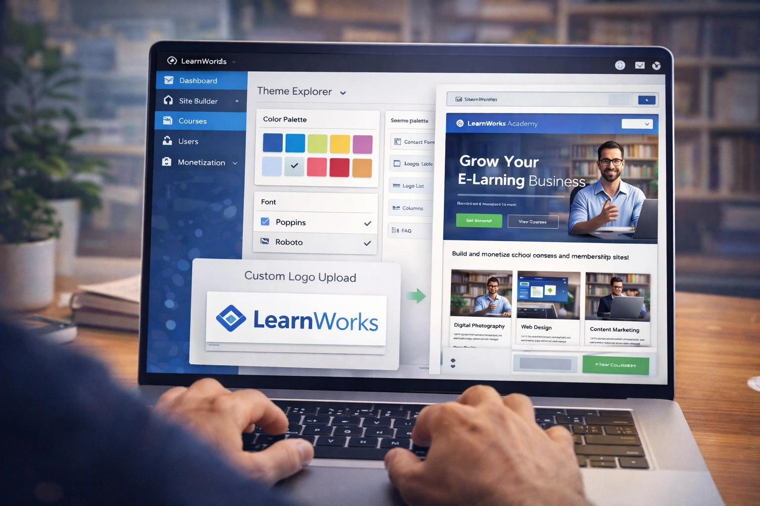LearnWorlds customization options in Site Builder and Theme Explorer