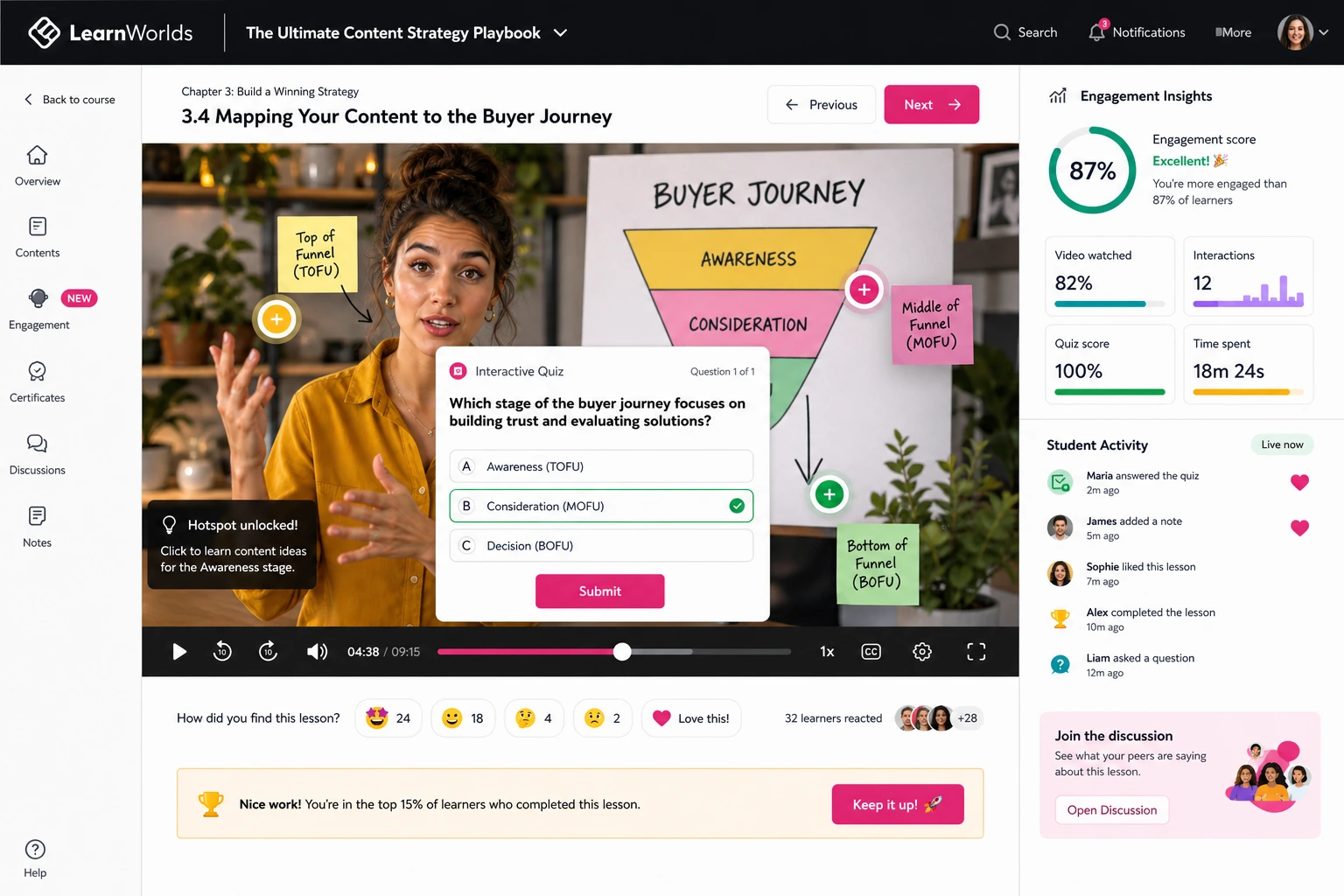 LearnWorlds interactive features boosting student engagement in online courses