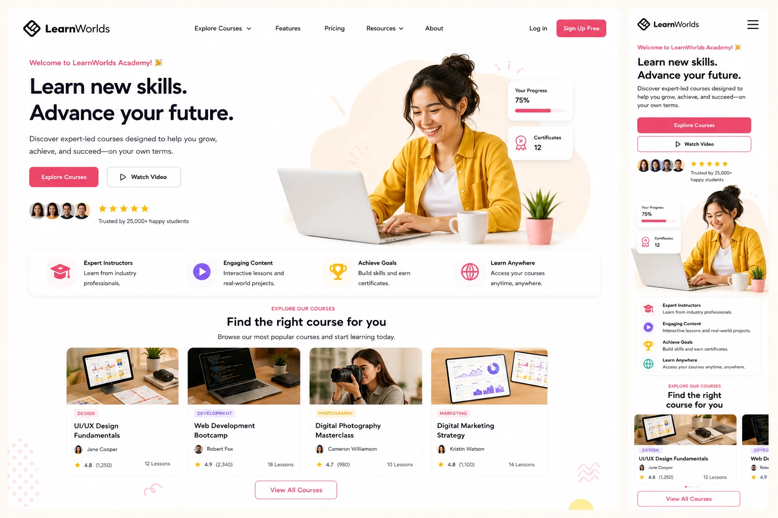 LearnWorlds user-friendly course site with intuitive navigation and design