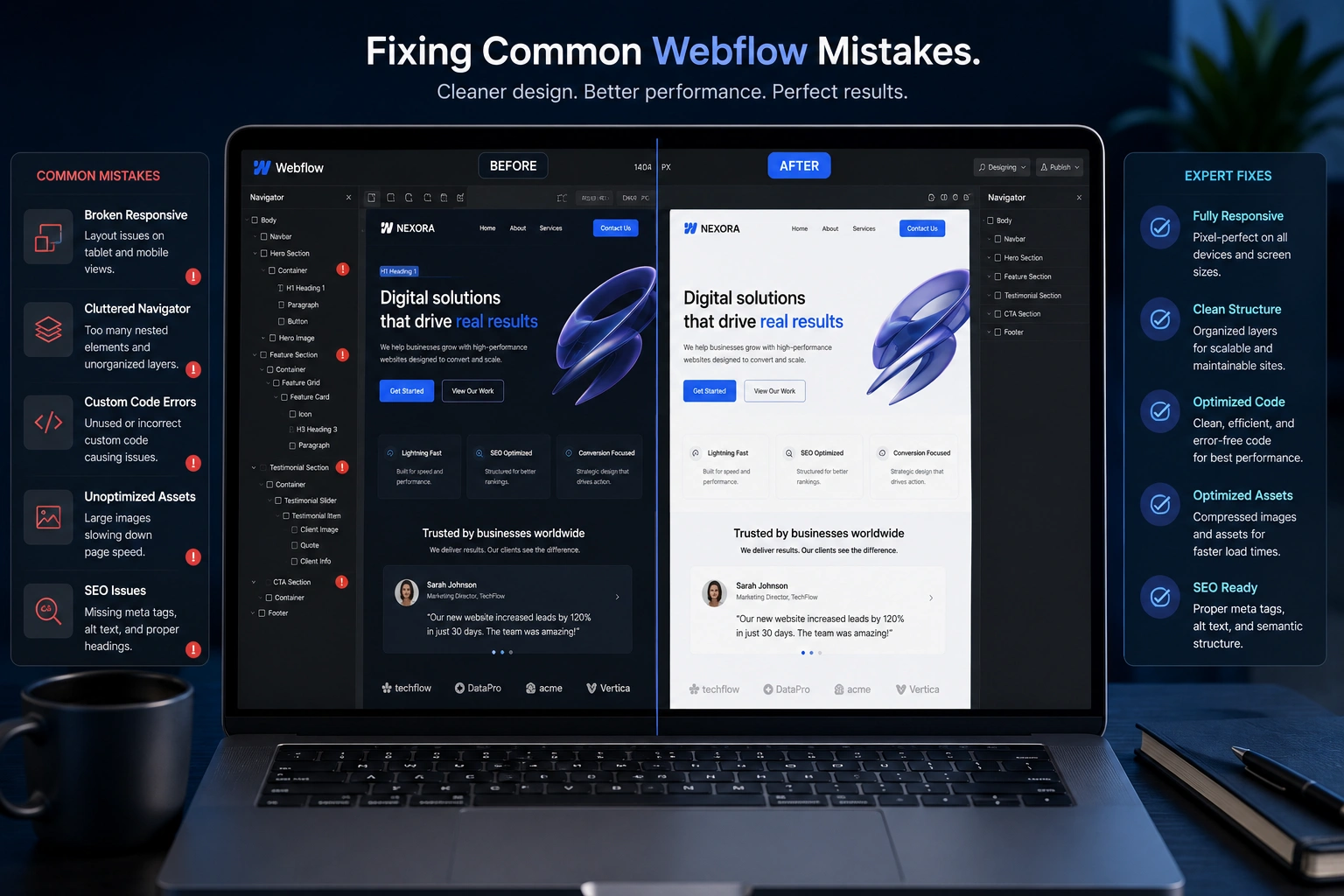 Webflow expert fixing common mistakes on designer dashboard