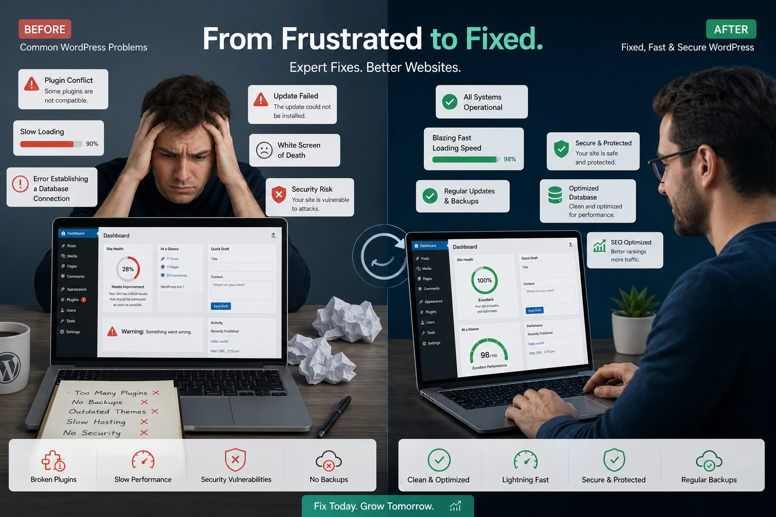 Expert fixing common WordPress website mistakes on laptop dashboard