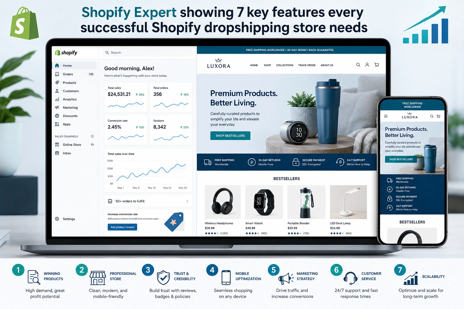 Shopify Expert showing 7 key features every successful Shopify dropshipping store needs