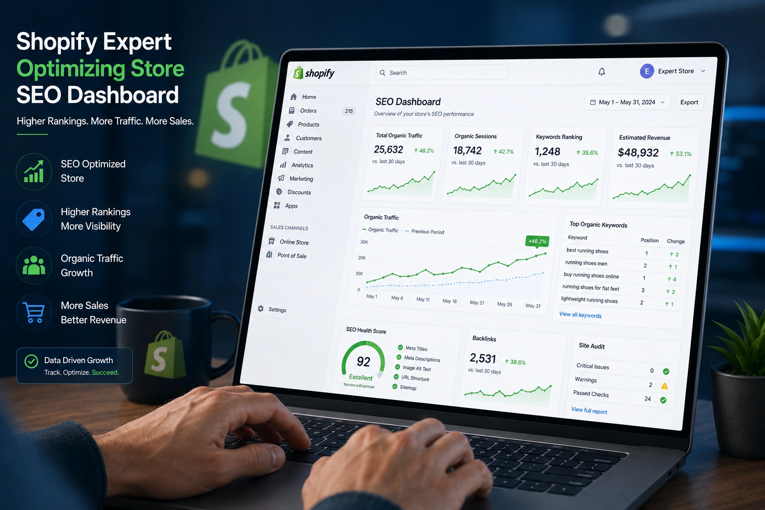 Shopify expert optimizing store SEO dashboard with rising traffic metrics