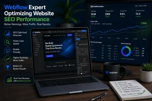 Webflow expert optimizing website SEO performance on laptop dashboard