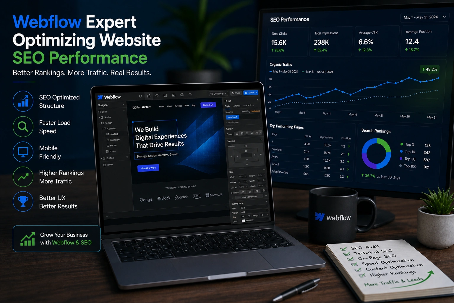 Webflow expert optimizing website SEO performance on laptop dashboard