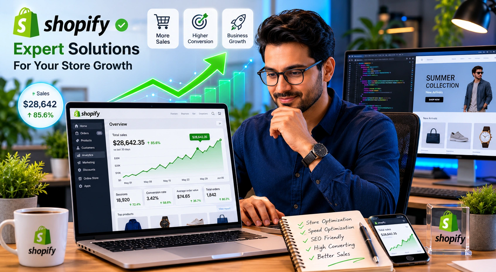 Professional Shopify expert reviewing store optimization on laptop