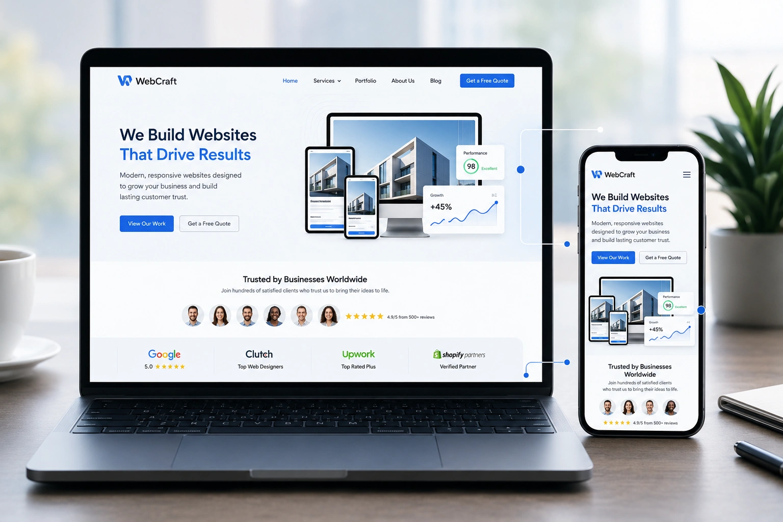 Responsive web design example on laptop and mobile showing professional websites design company work that builds customer trust