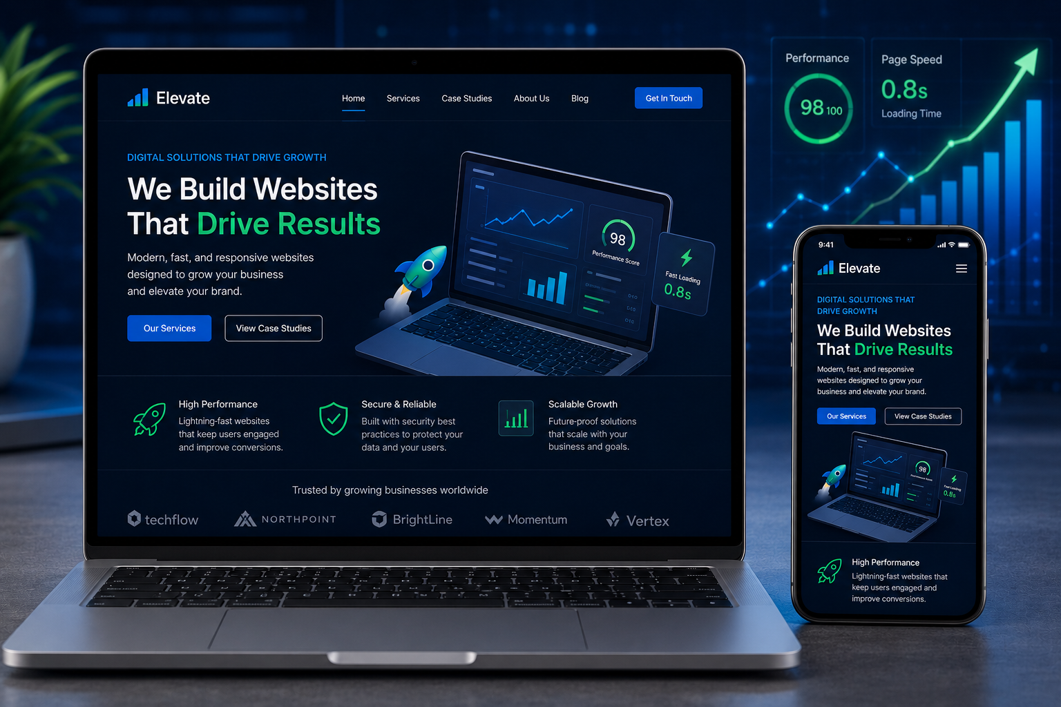 Responsive web design on custom website viewed on multiple devices