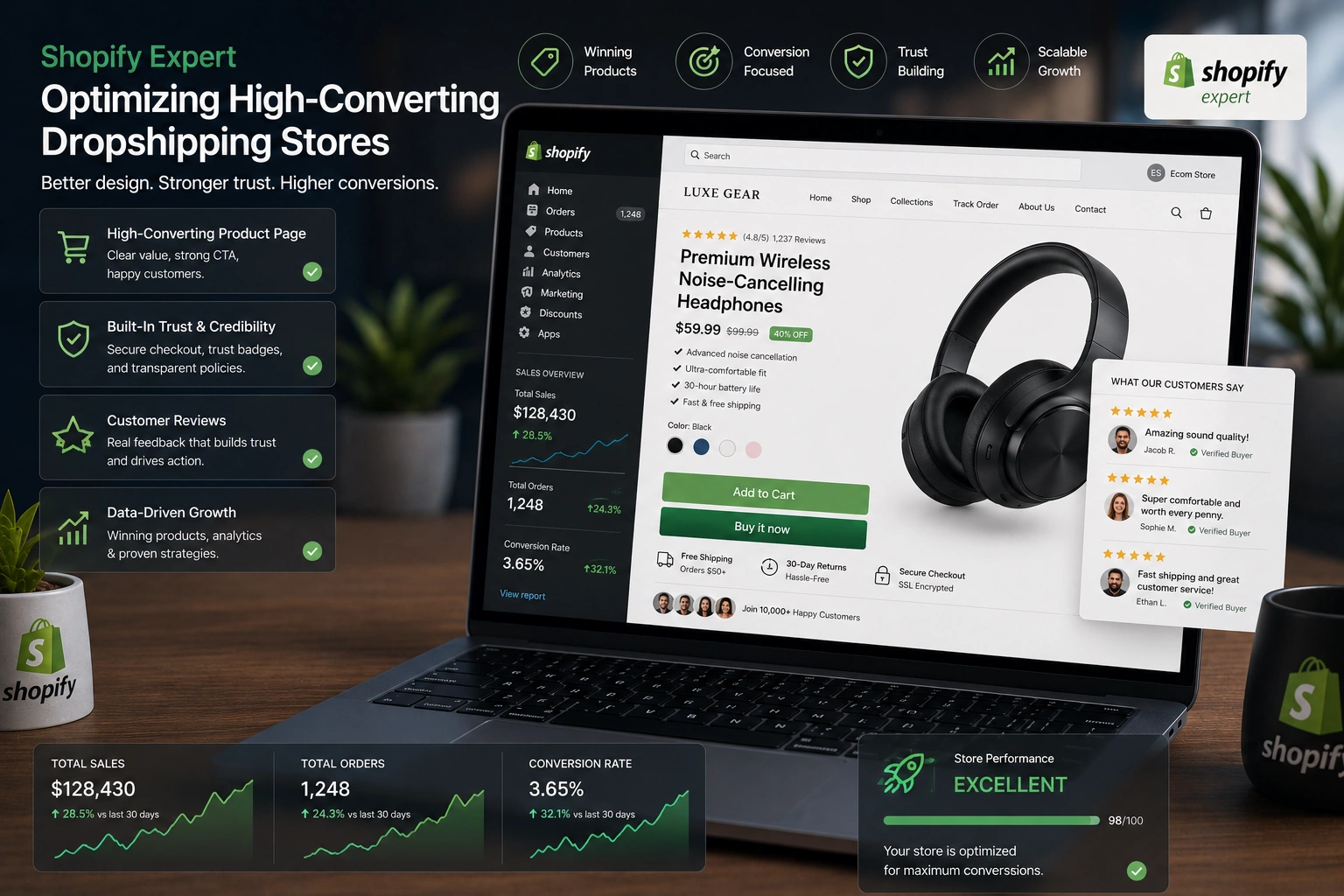 Shopify Expert optimizing a high-converting dropshipping store on laptop