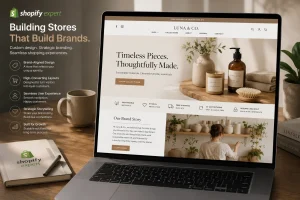 Shopify Expert building a brand-aligned Shopify store on laptop