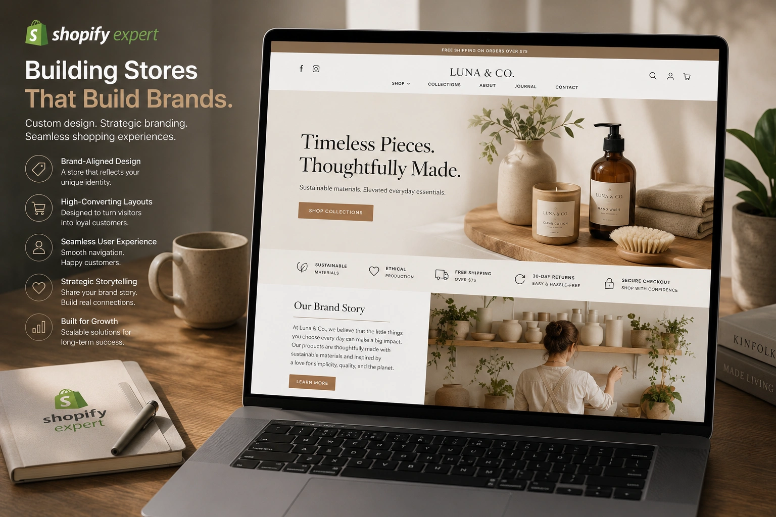 Shopify Expert building a brand-aligned Shopify store on laptop