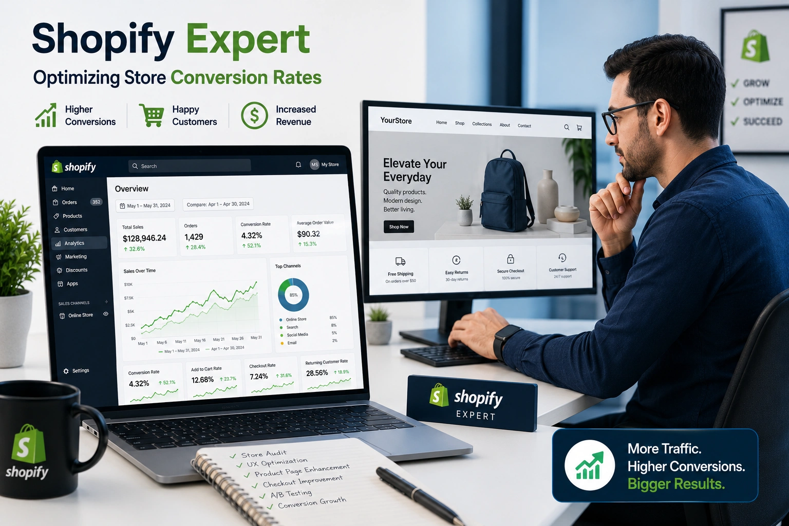 Shopify Expert optimizing store conversion rates on laptop dashboard