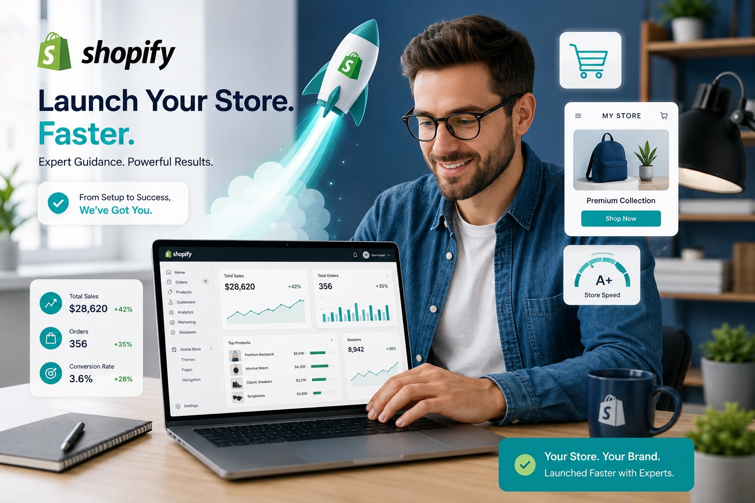 Shopify expert helping entrepreneur launch store faster on laptop