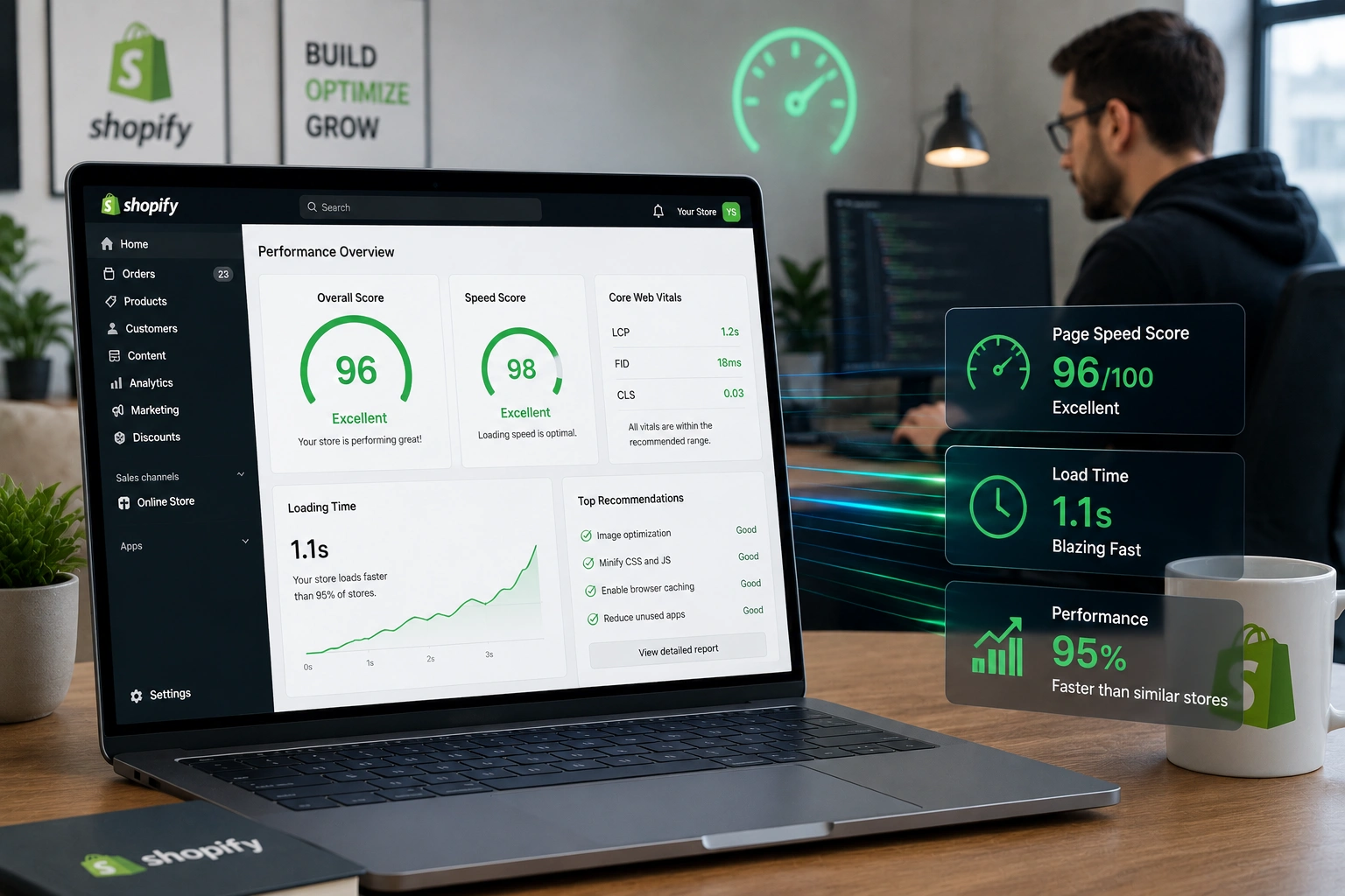 Shopify Expert optimizing store speed on laptop dashboard