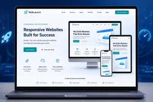 Responsive web design shown across devices for fast website launch with professional web developer