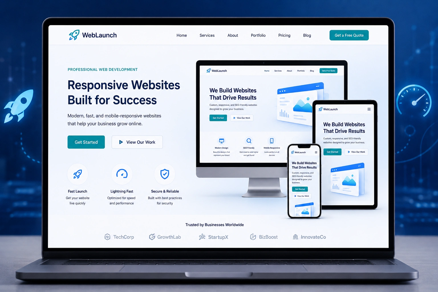 Responsive web design shown across devices for fast website launch with professional web developer