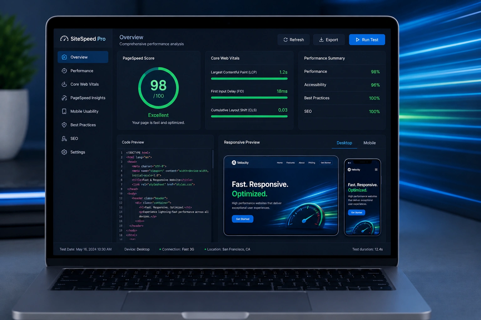Responsive web design and site speed optimization on developer laptop screen