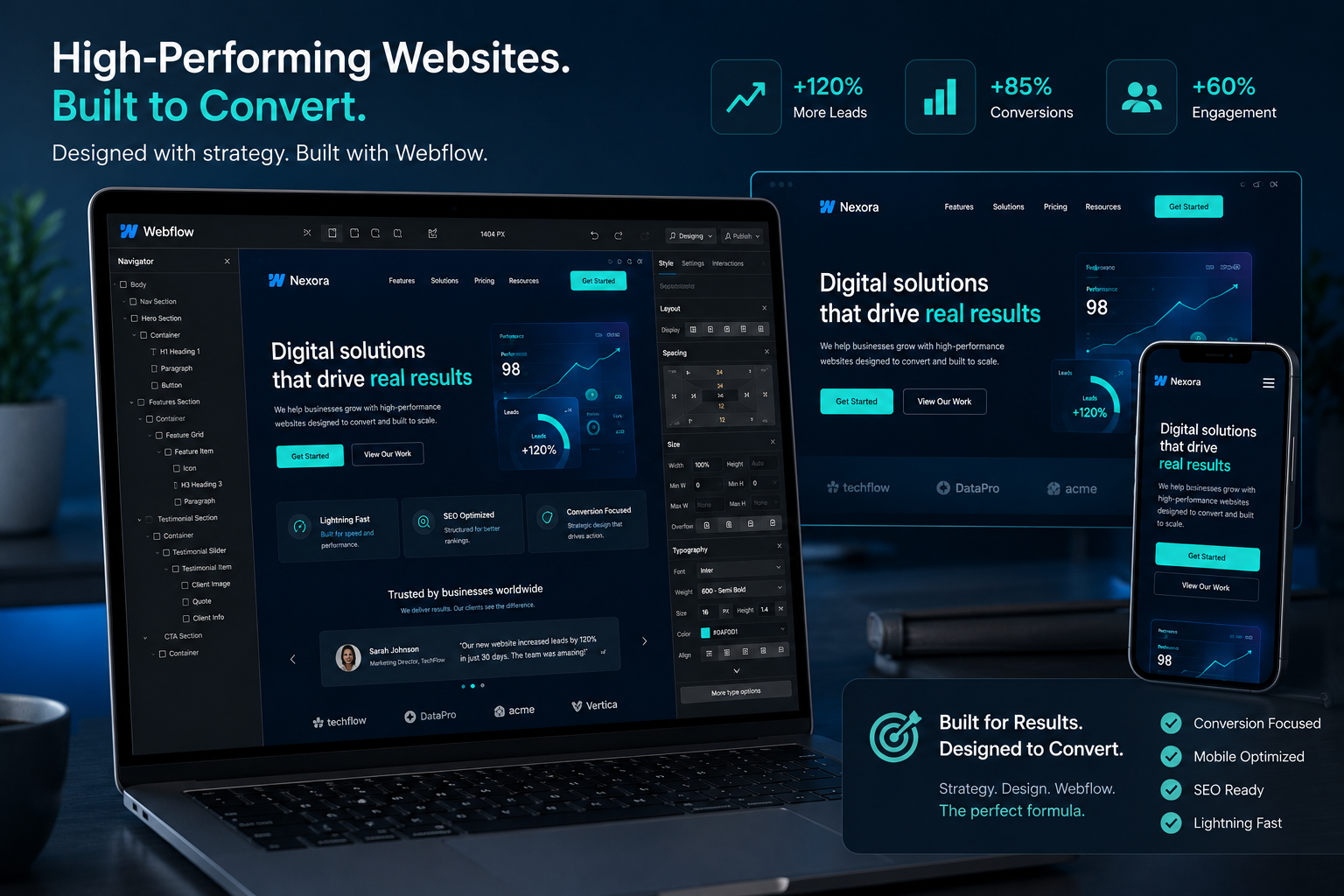 Webflow expert designing a high-converting website on laptop
