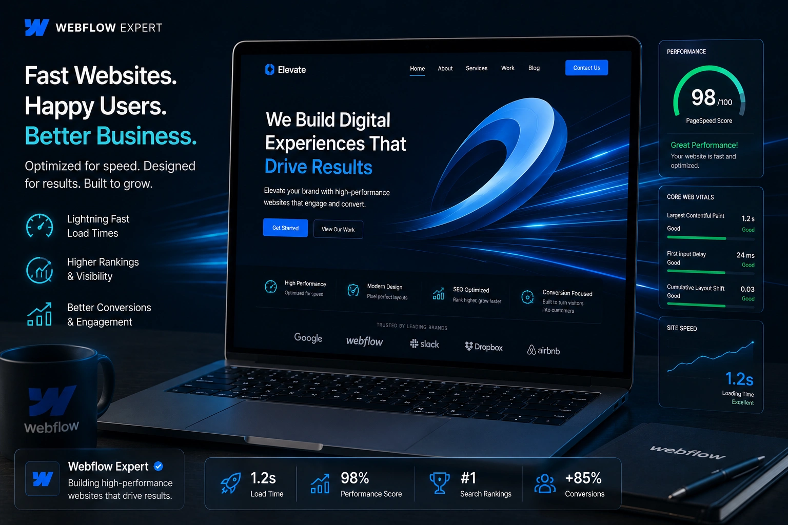 Webflow expert optimizing website performance on laptop dashboard