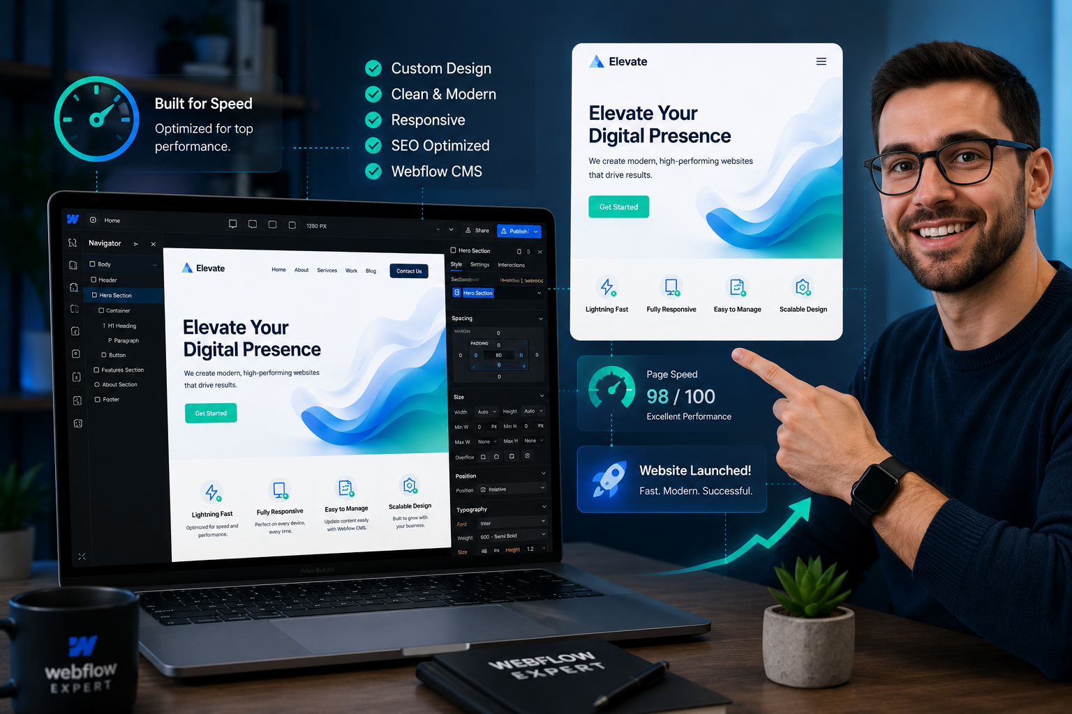 Webflow expert building and launching a fast custom website on laptop