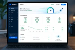 Webflow expert optimizing website speed performance on laptop dashboard