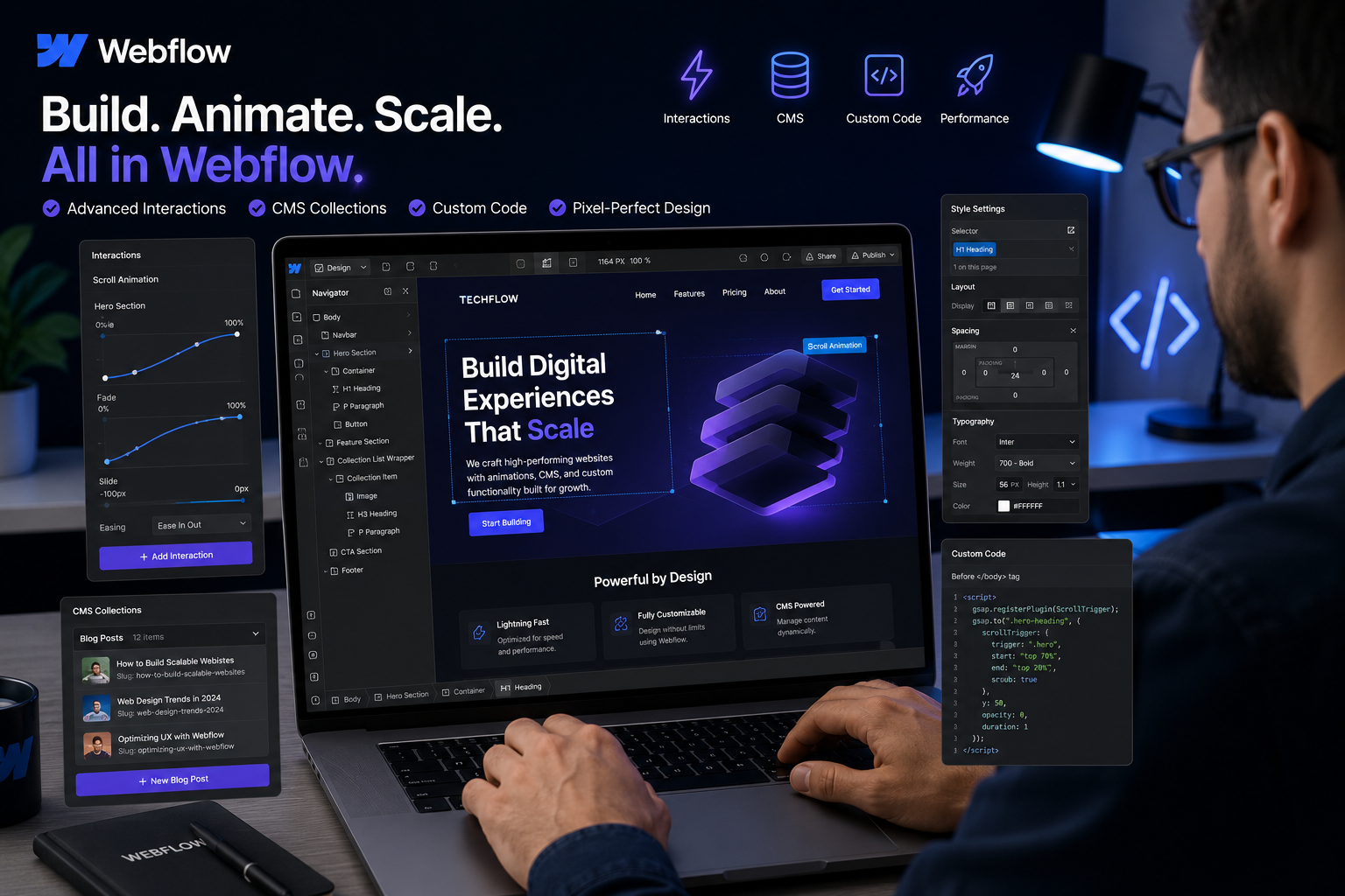 Webflow expert integrating advanced features in the Webflow designer interface