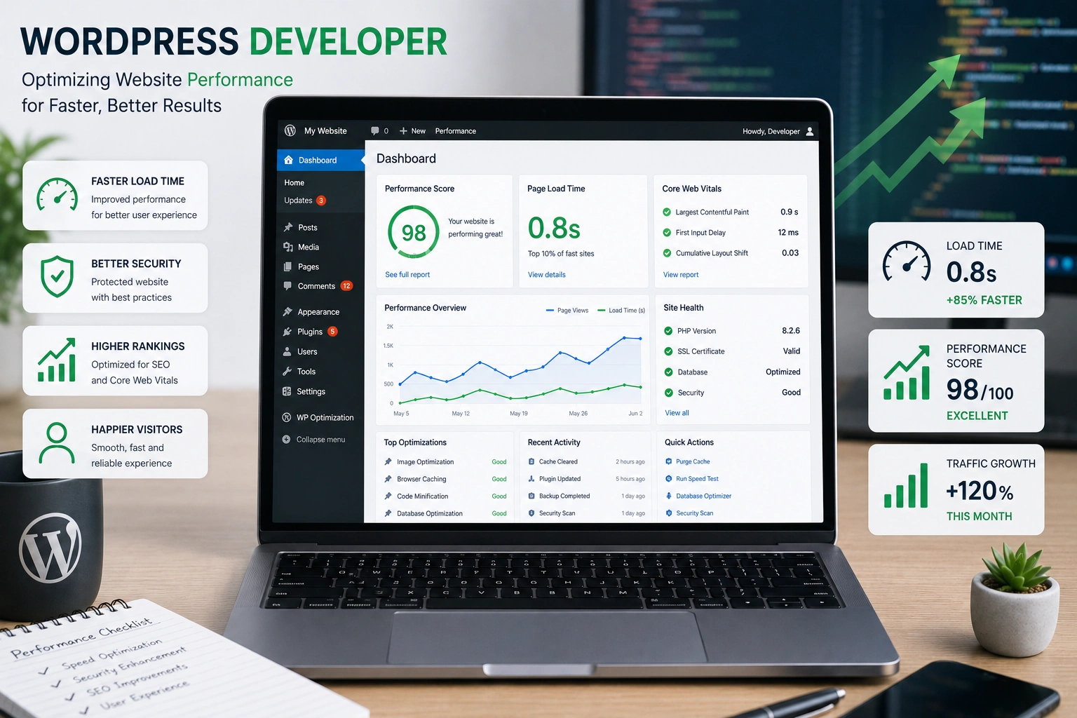 WordPress developer optimizing website performance on laptop dashboard