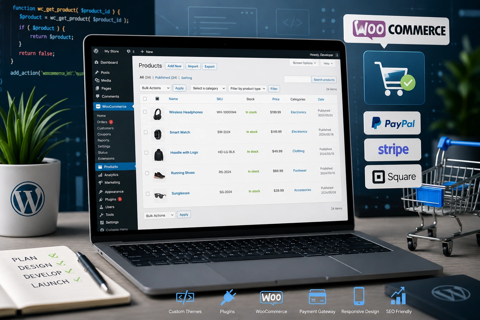 WordPress developer integrating e-commerce features on a WordPress website dashboard