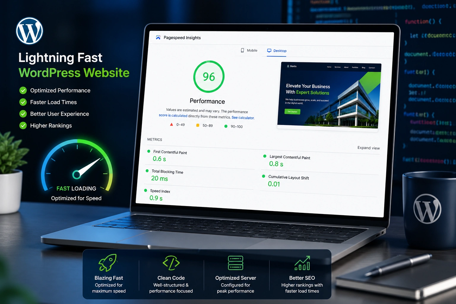 WordPress website speed optimization by expert developer showing high PageSpeed score