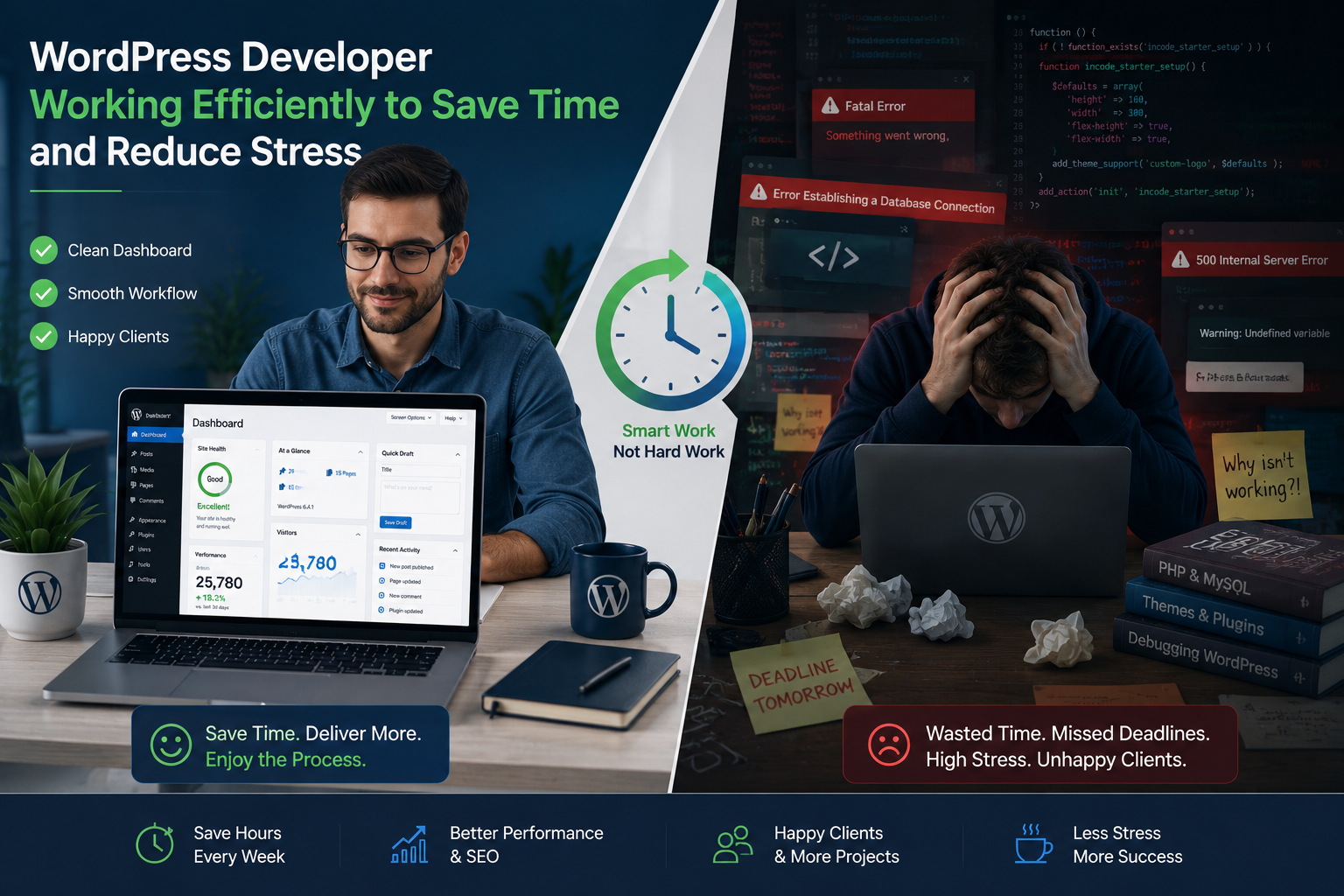 WordPress developer working efficiently on a wordpress website dashboard to save time and reduce stress
