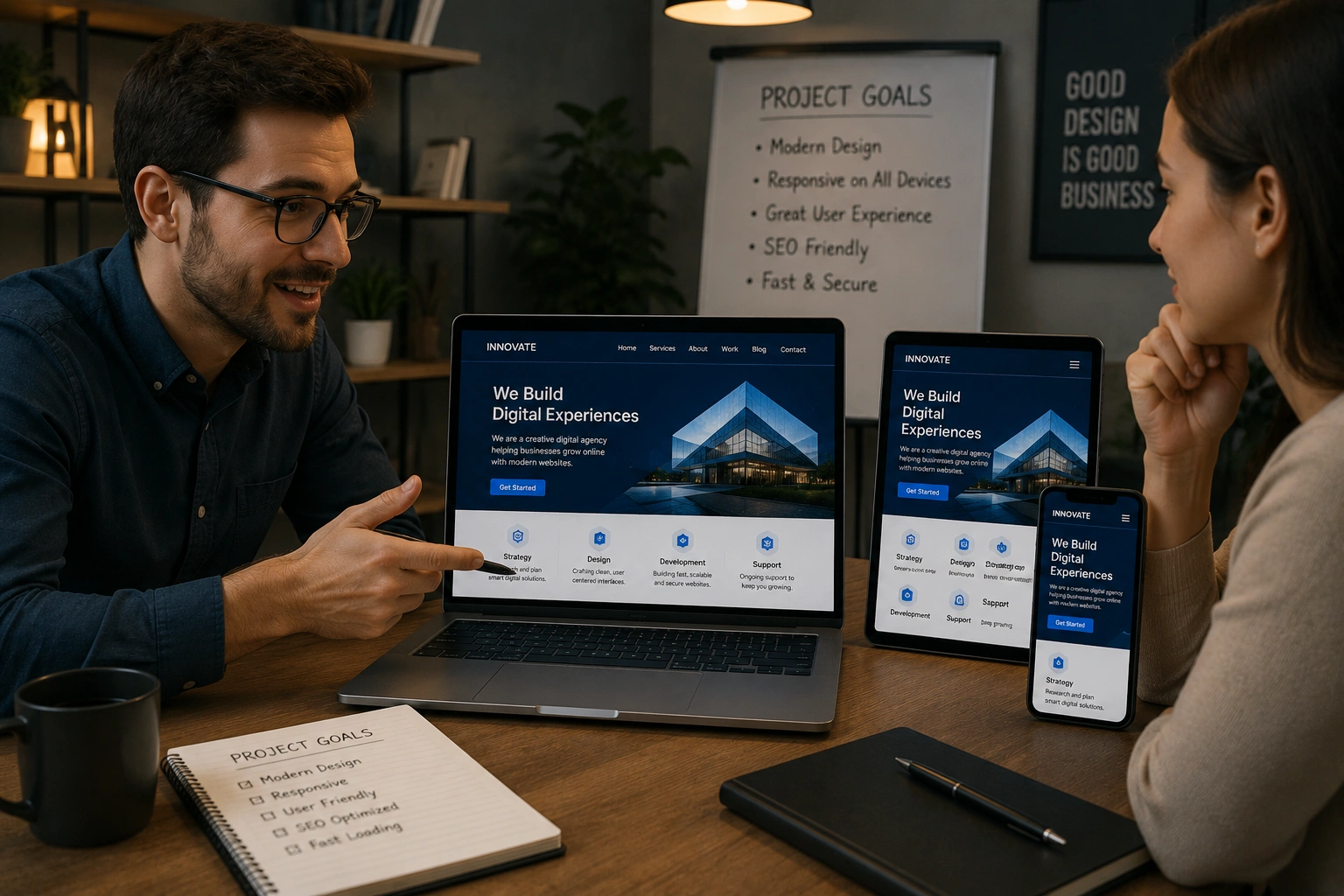 Responsive web design mockups showing how a skilled web developer aligns with client goals