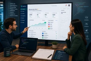 Expert LMS developer discussing custom learning management system project with client
