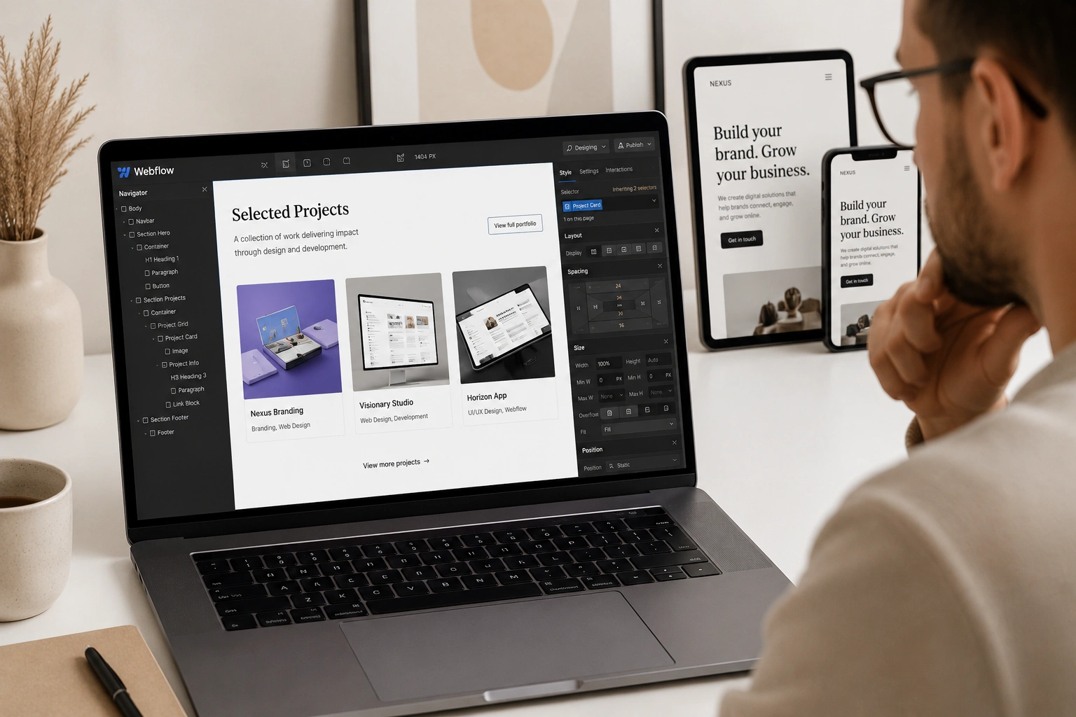 Choosing the right Webflow expert reviewing project portfolios on laptop