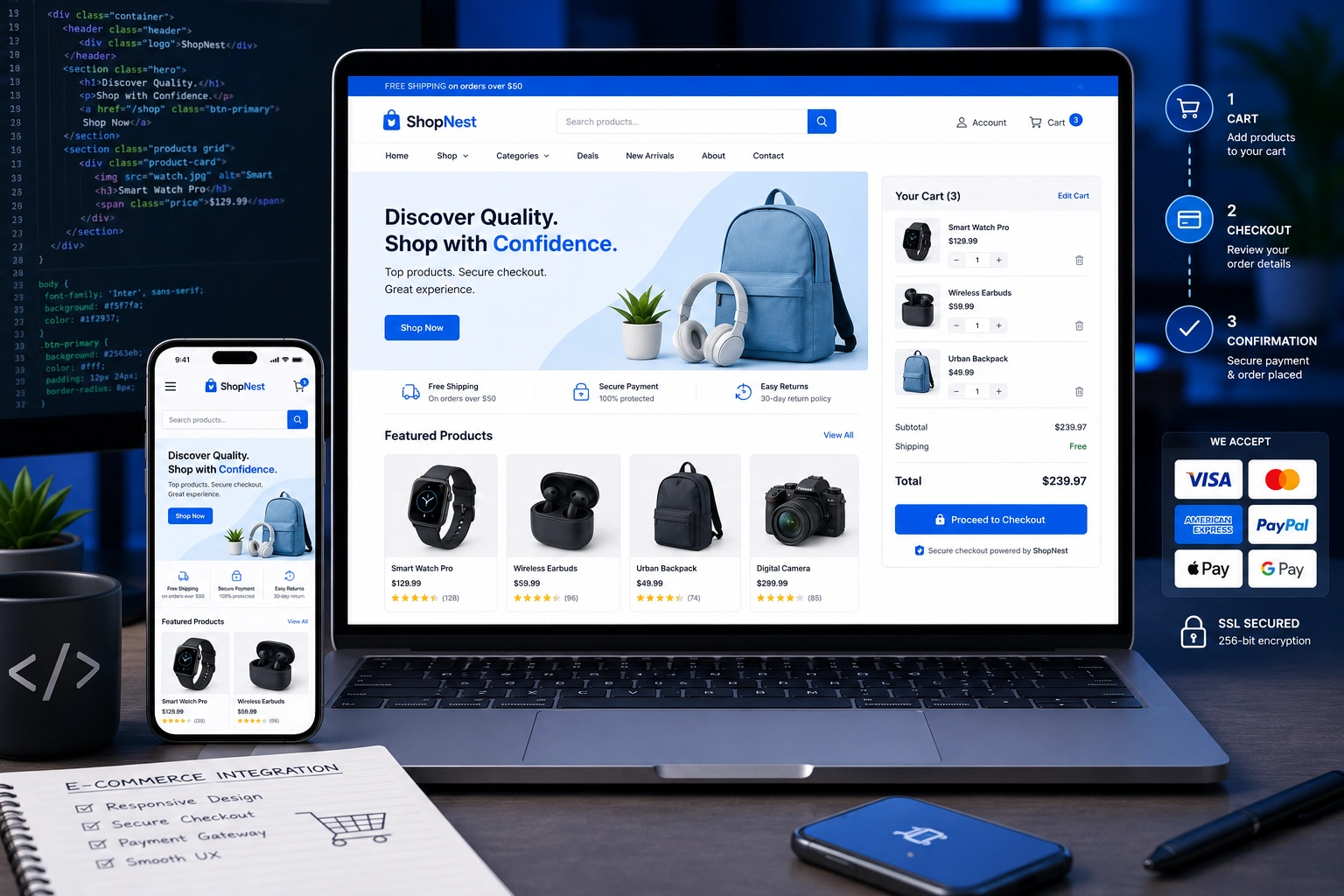 Responsive web design e-commerce integration on mobile and desktop devices