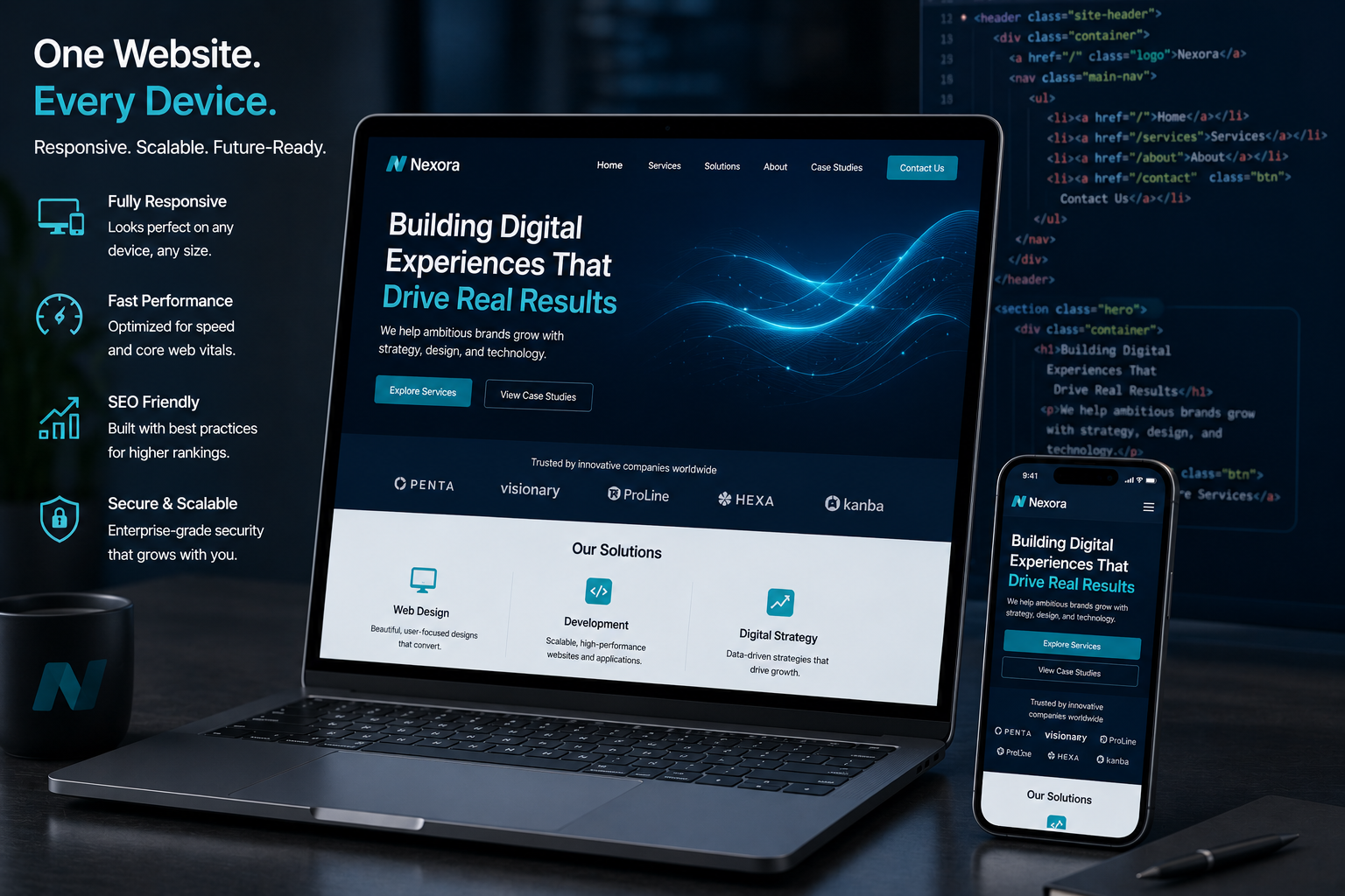 Responsive web design example on multiple devices for scalable websites
