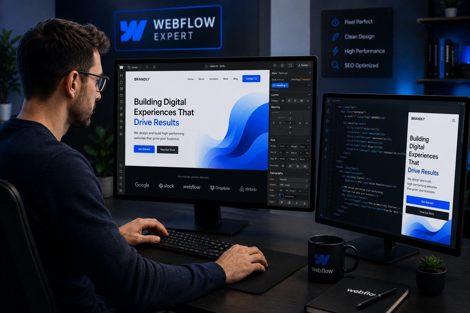 Webflow expert working on a custom website design in Webflow designer interface