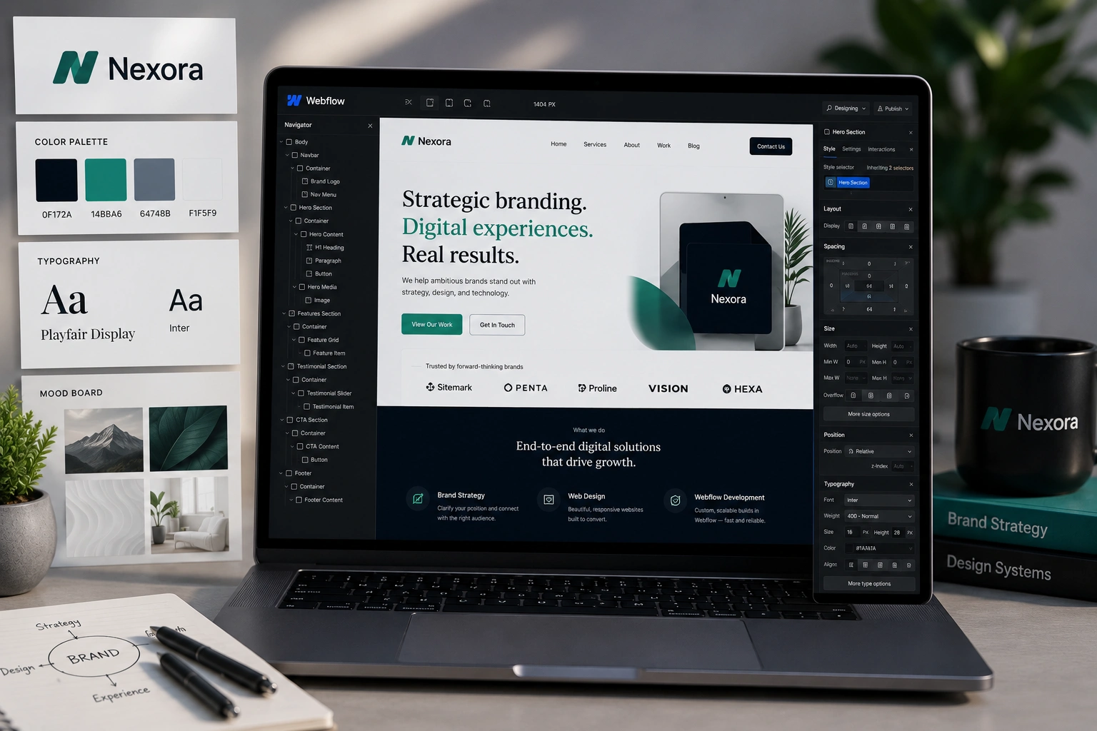 Webflow expert building a custom brand-aligned website on laptop