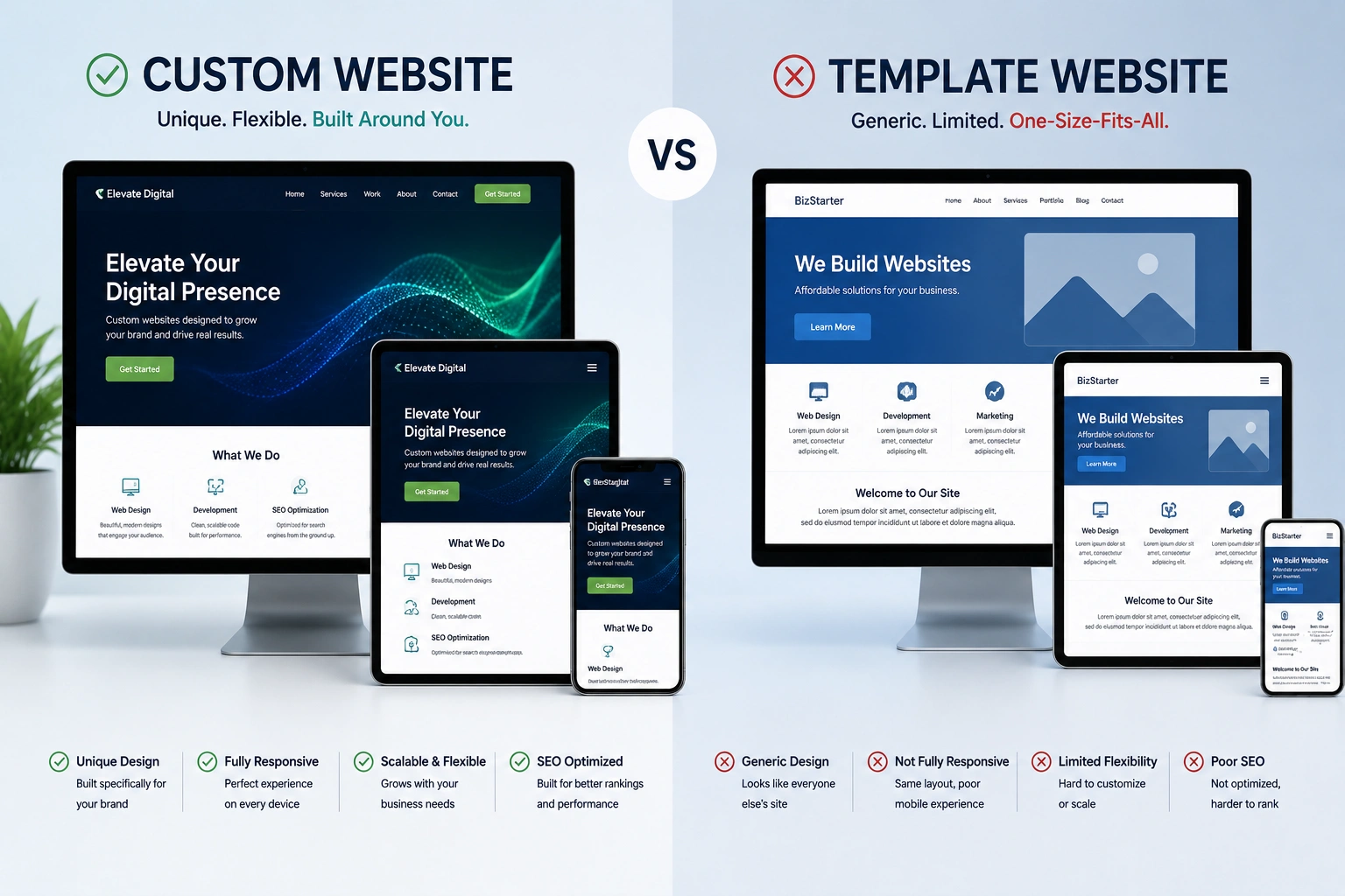 Responsive web design comparison of custom website versus template on multiple devices