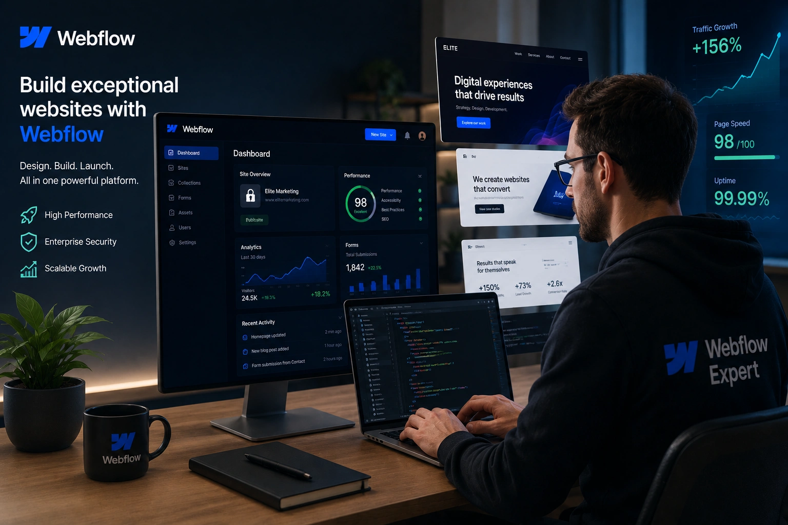 Webflow expert building a high-performance custom website on laptop