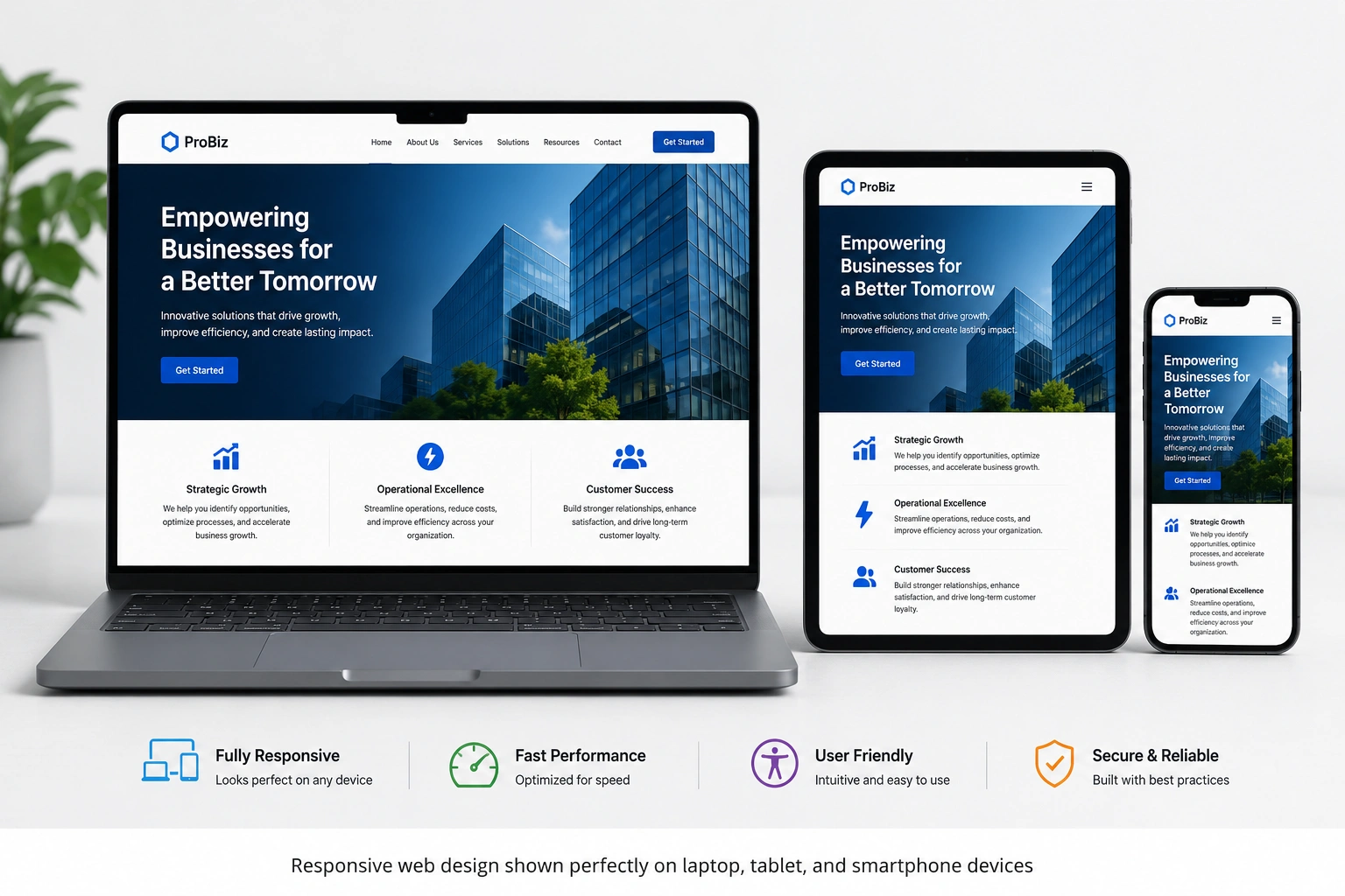 Responsive web design shown perfectly on laptop, tablet, and smartphone devices