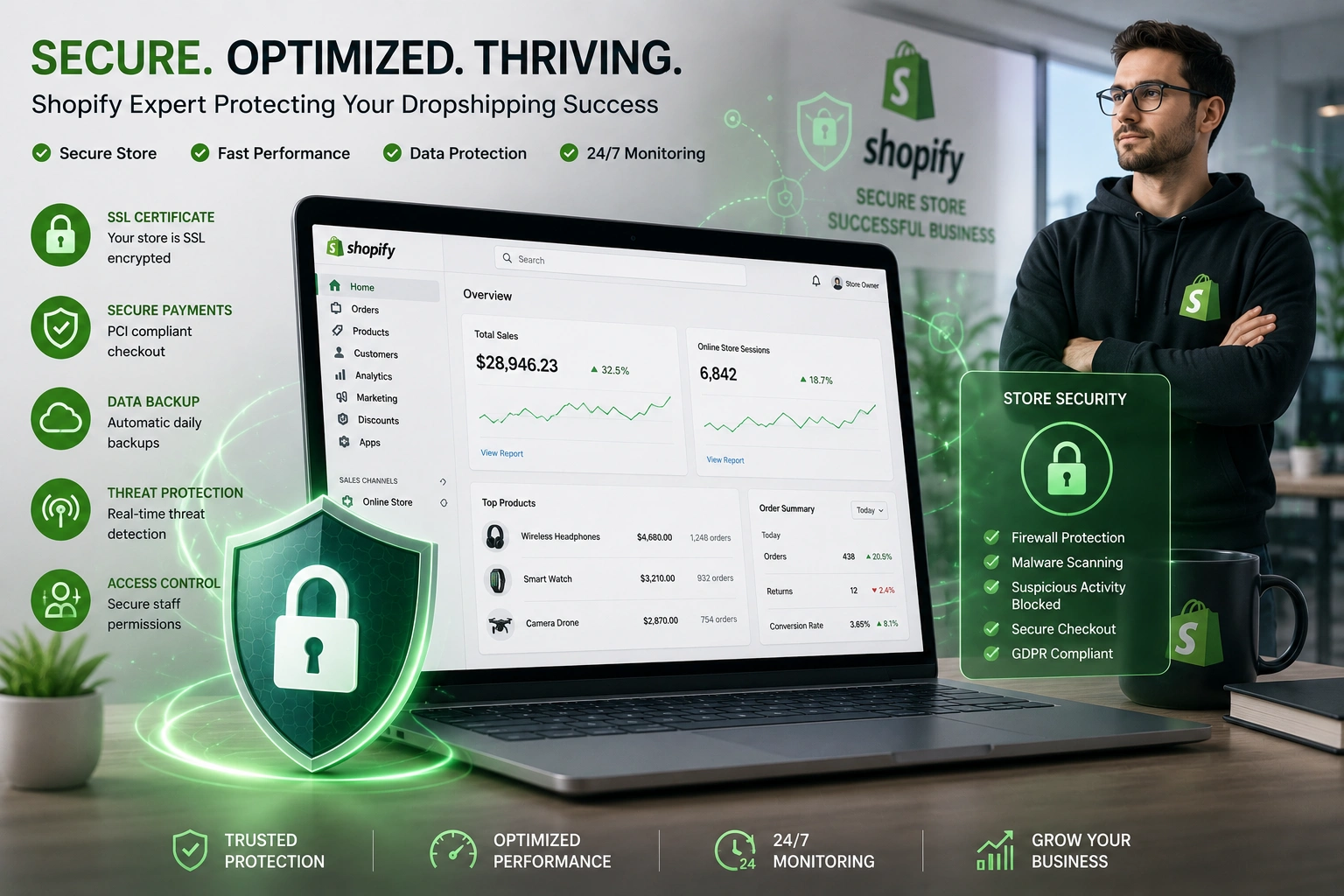 Shopify Expert securing a dropshipping store with advanced security measures