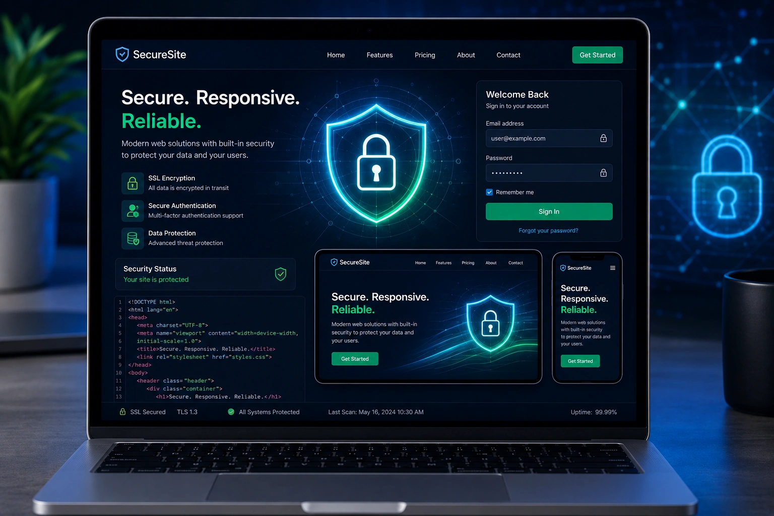 Responsive web design with integrated web security shield protecting user data