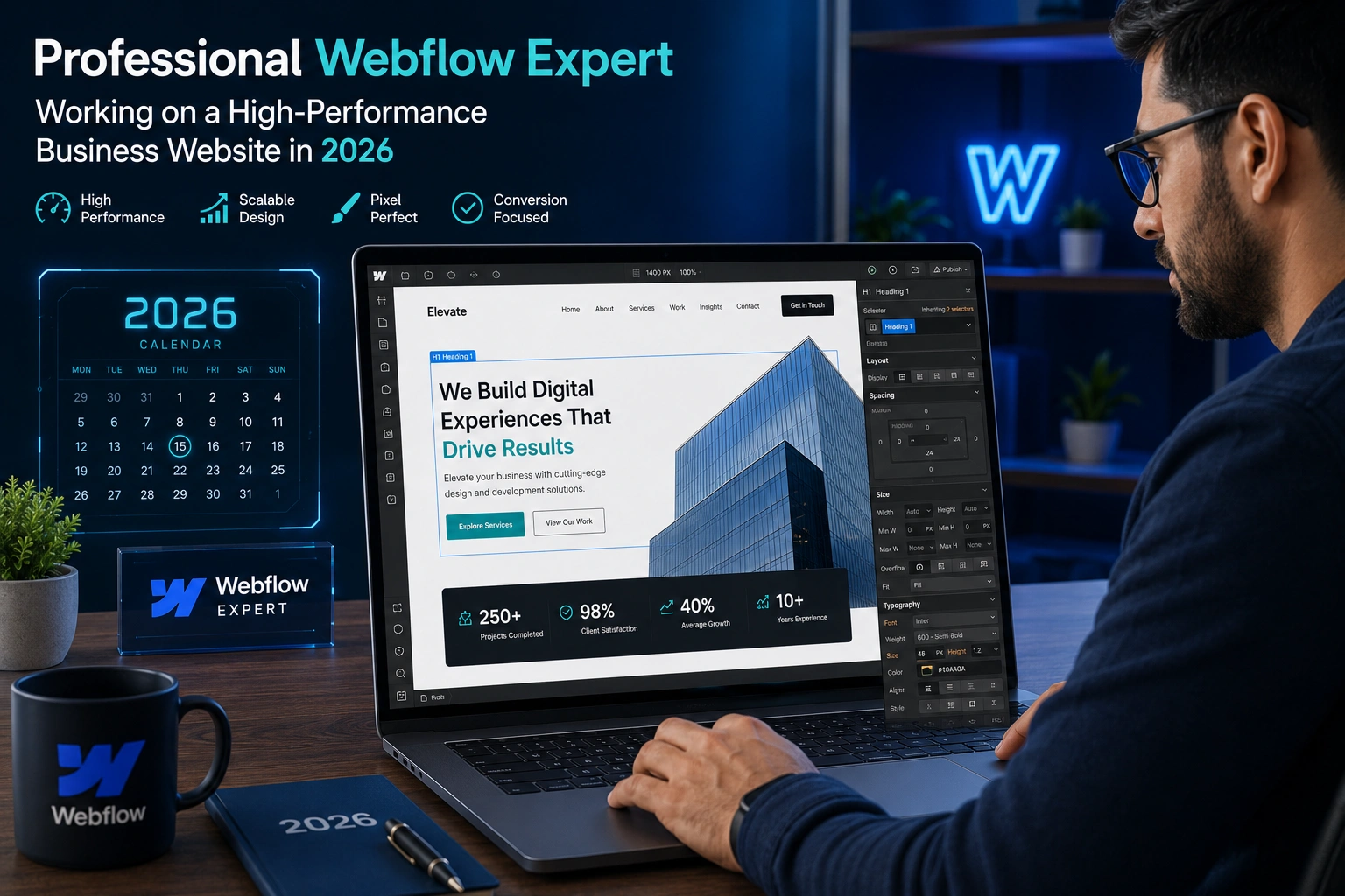 Professional Webflow expert working on a high-performance business website in 2026