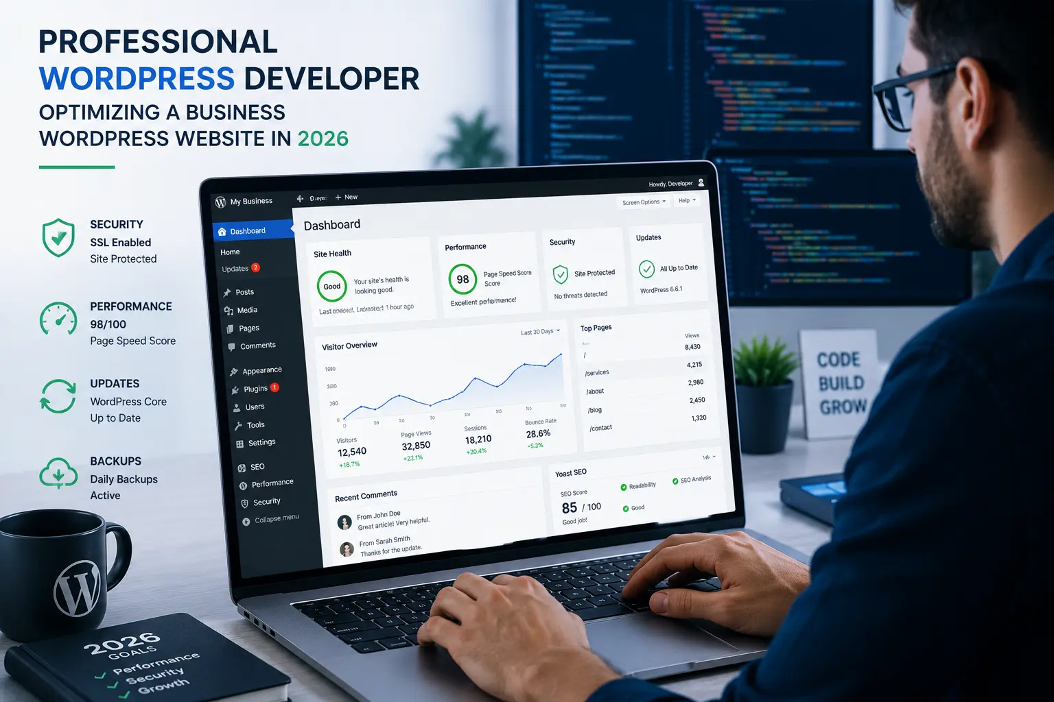 Professional WordPress developer optimizing a business WordPress website in 2026