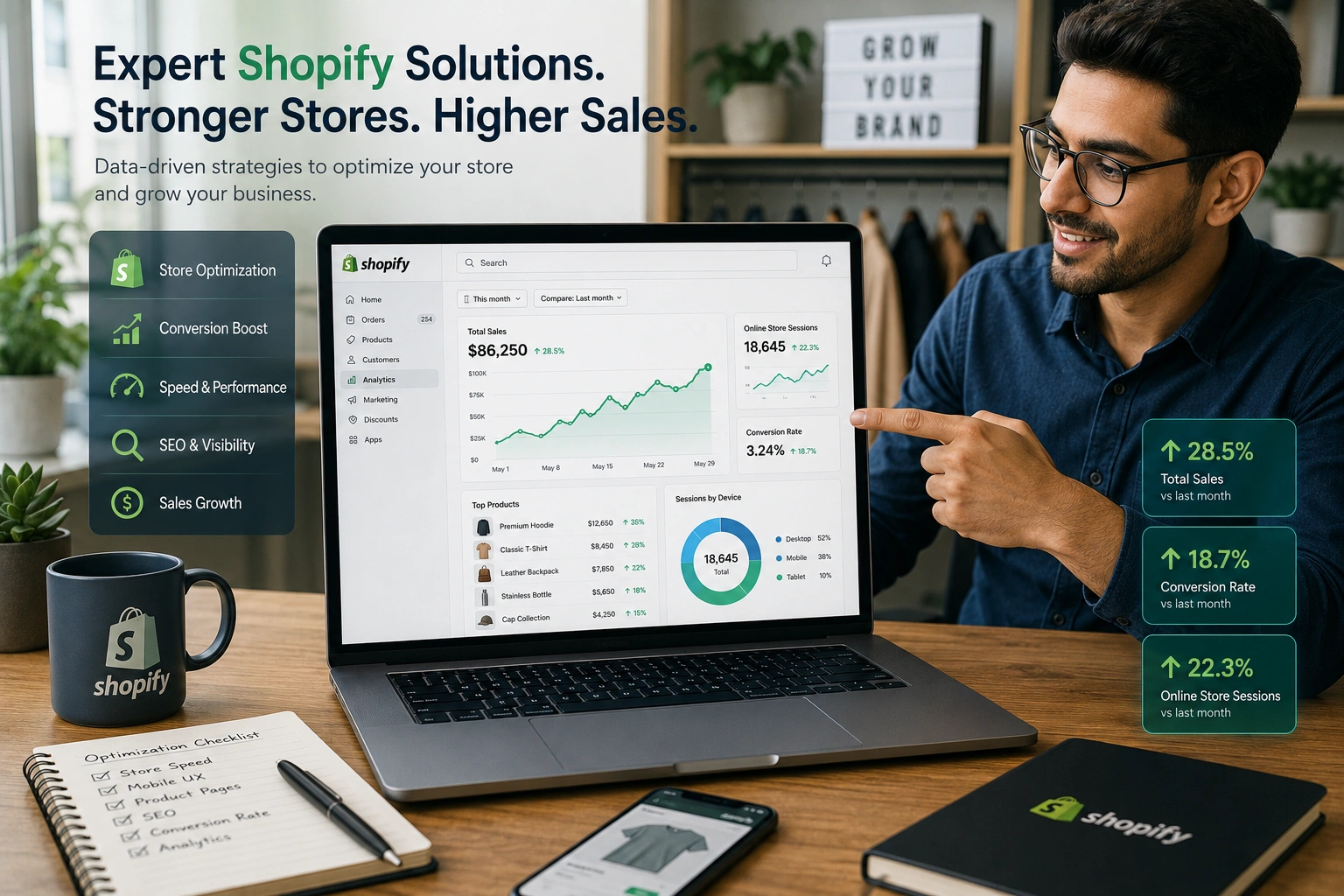Professional Shopify expert optimizing an e-commerce store dashboard for better sales and performance
