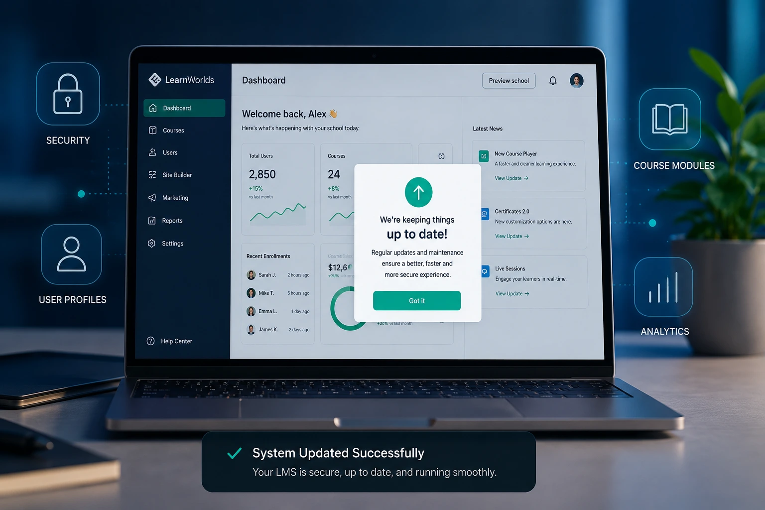 Professional LMS dashboard showing regular updates and maintenance on a developer’s screen