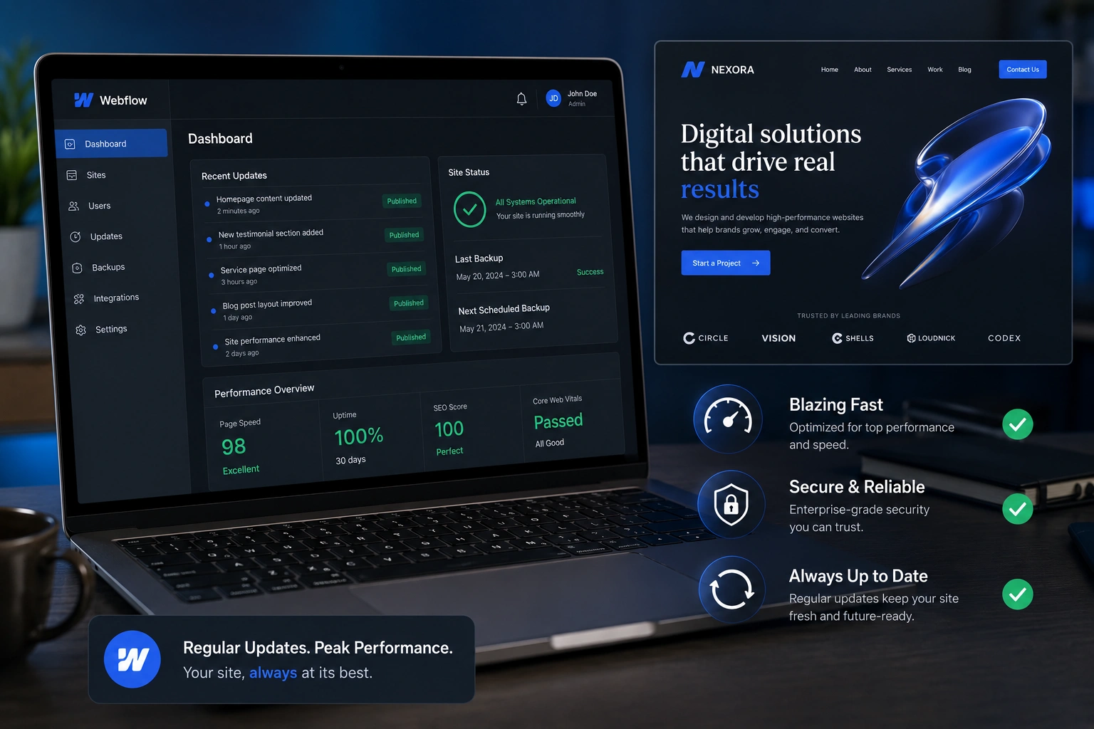 Webflow expert performing regular site updates on a professional dashboard